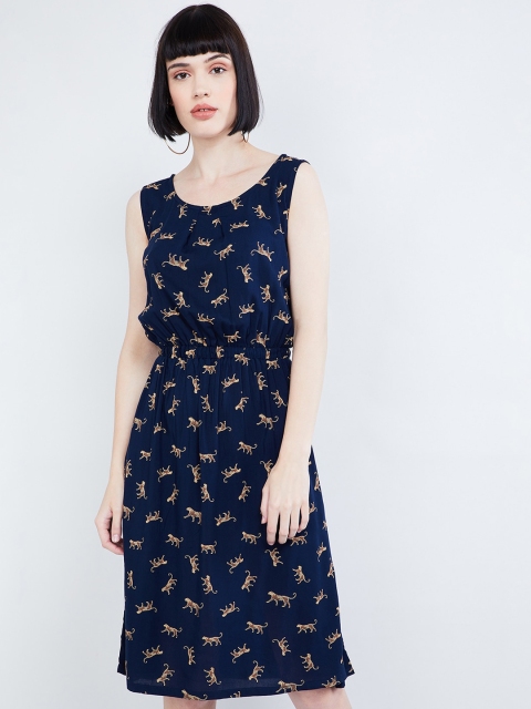 

max Women Navy Blue Printed Fit and Flare Dress
