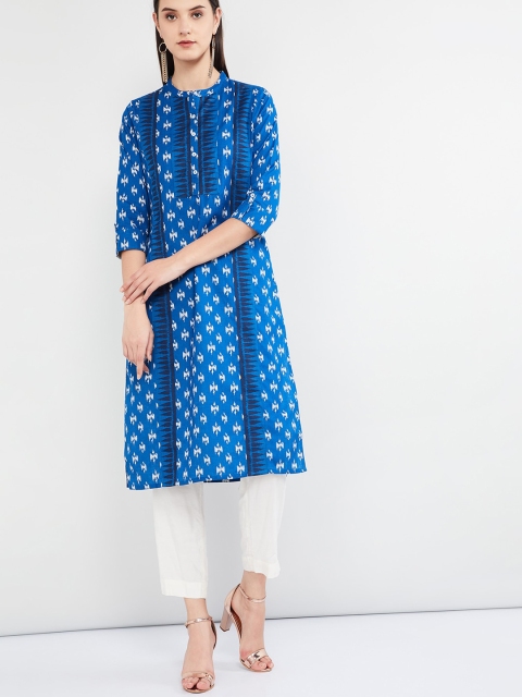 

max Women Blue & White Printed Straight Kurta