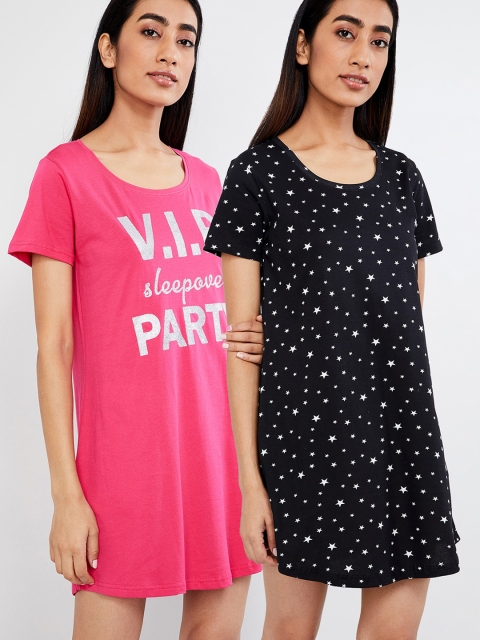 

max Women Pink & Black Set of 2 Printed Sleep Shirts