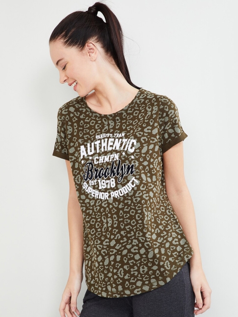 

max Women Olive Green & Grey Printed Round Neck T-shirt