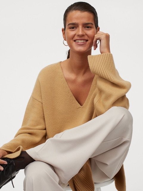 

H&M Women Mustard Yellow Oversized Wool-Blend Jumper