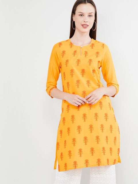 

max Women Mustard Yellow & Orange Embroidered Straight Kurta