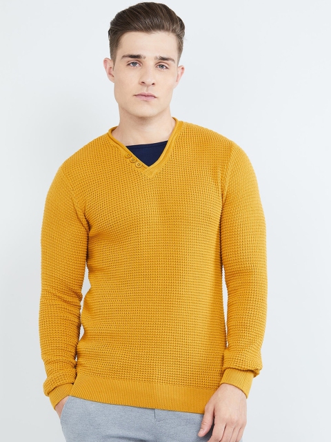 

max Men Mustard Yellow Solid Pullover Open Knit Sweater