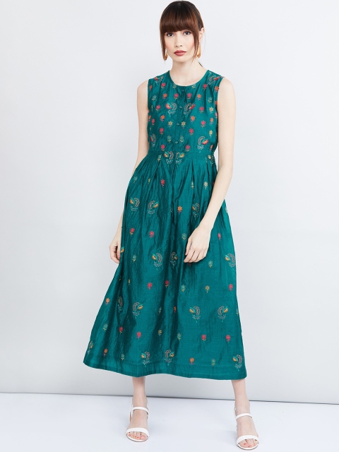 

max Women Teal Green Embroidered A-Line Dress