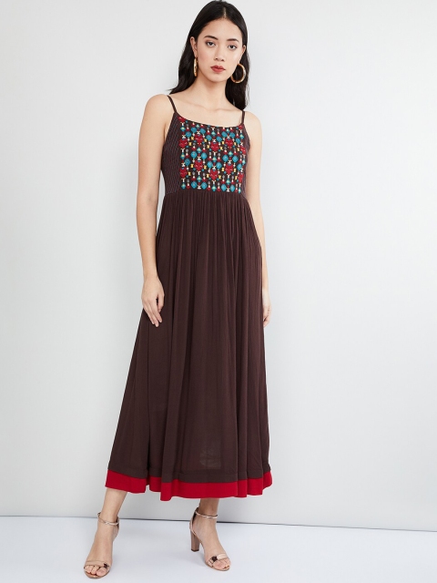 

max Women Brown & Red Embroidered Maxi Dress