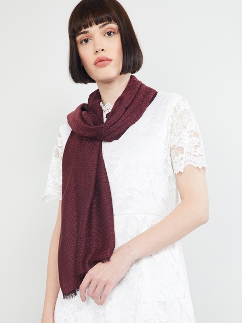max Women Maroon Self Design Scarf with Tasselled Border