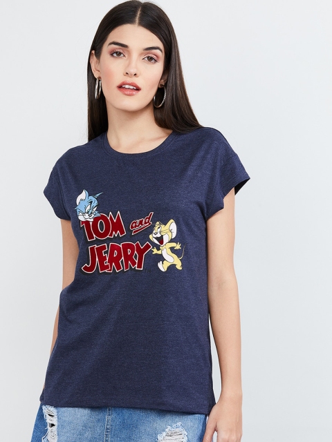 

max Women Navy Blue & Red Tom & Jerry Printed Round Neck T-shirt