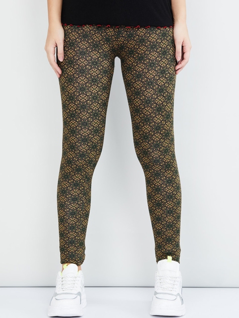 

max Women Green & Brown Printed Ankle-Length Leggings
