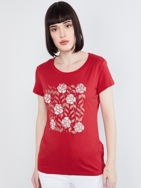 

max Women Red Printed Round Neck T-shirt