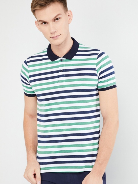 

max Men Green Striped Polo Collar T-shirt