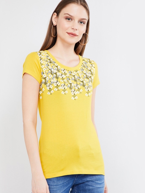

max Women Yellow Printed Round Neck T-shirt