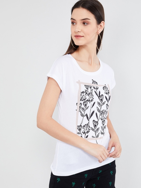 

max Women White Printed Round Neck T-shirt
