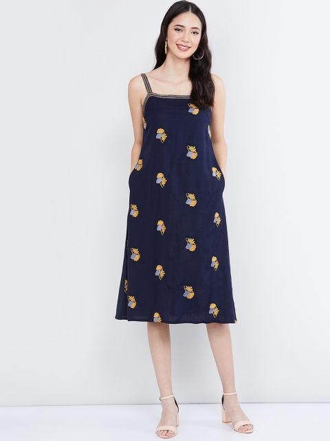 

max Women Navy Blue & Yellow Embroidered A-Line Dress