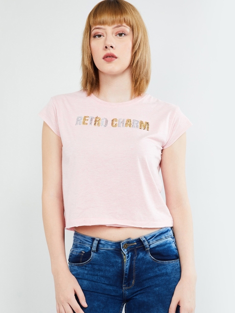 

max Women Pink Self Design Round Neck T-shirt