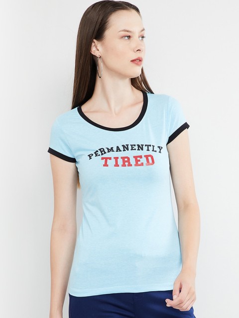

max Women Blue Printed Round Neck T-shirt