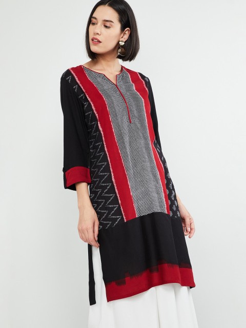 

max Women Black & Red Printed Straight Kurta