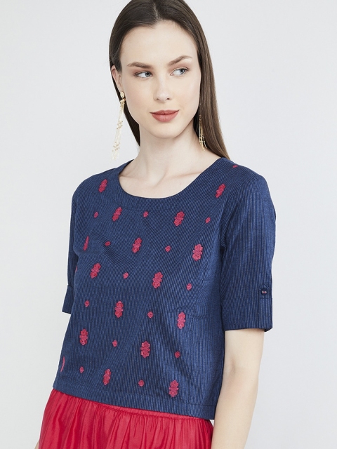 max Women Blue Embroidered Crop Top