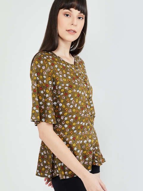 

max Women Olive Green & Off-White Printed Peplum Top