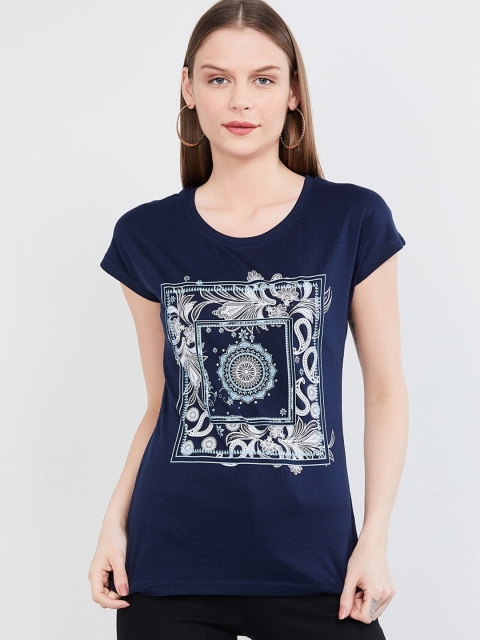 

max Women Navy Blue Printed Round Neck T-shirt