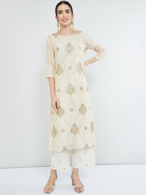 

max Women Beige & Gold-Toned Embellished Straight Kurta