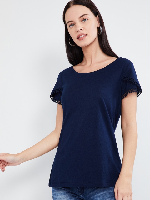 max Women Navy Blue Solid Schiffli Top