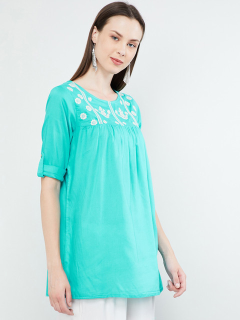 

max Women Turquoise Blue Embroidered A-Line Top