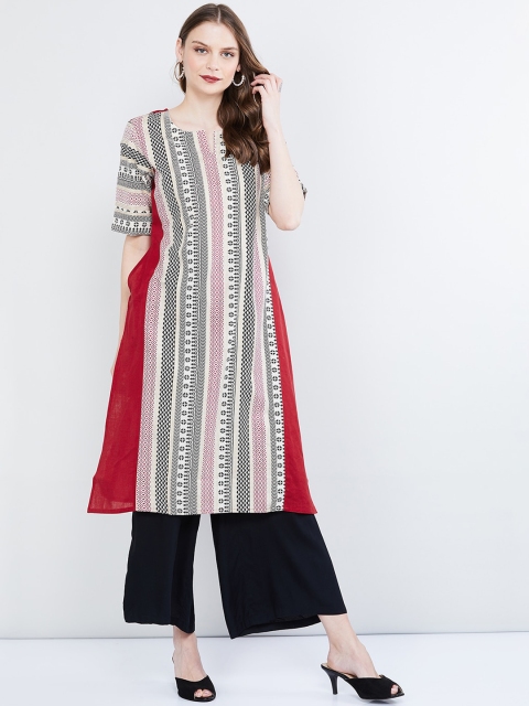 

max Women Off-White & Red Striped Straight Kurta