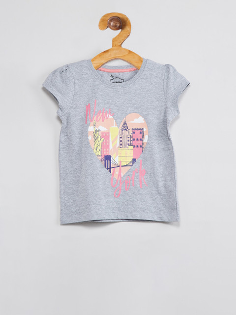 

max Girls Grey Melange & Pink Printed Top