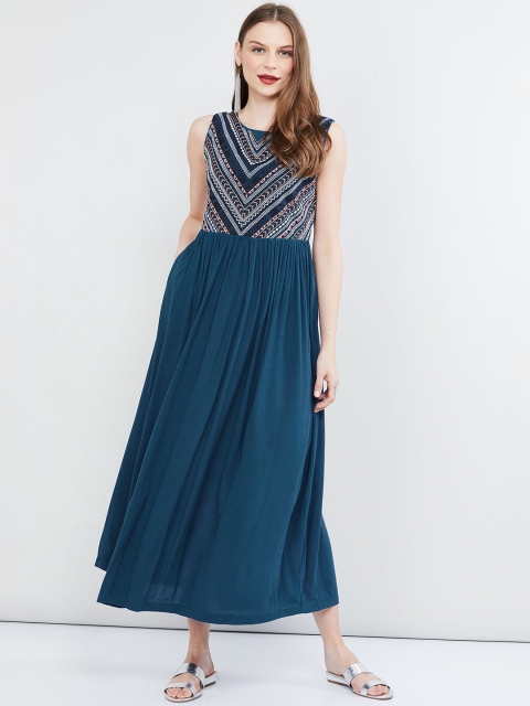 

max Women Teal Blue Embroidered Maxi Dress