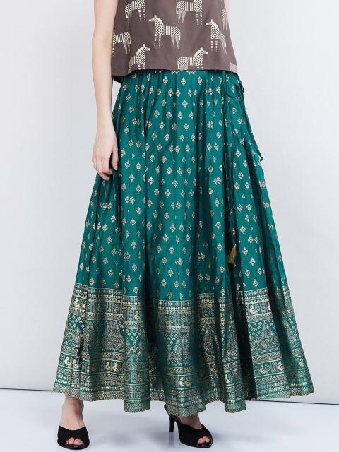 

max Women Green & Gold-Coloured Printed Flared Maxi Skirt