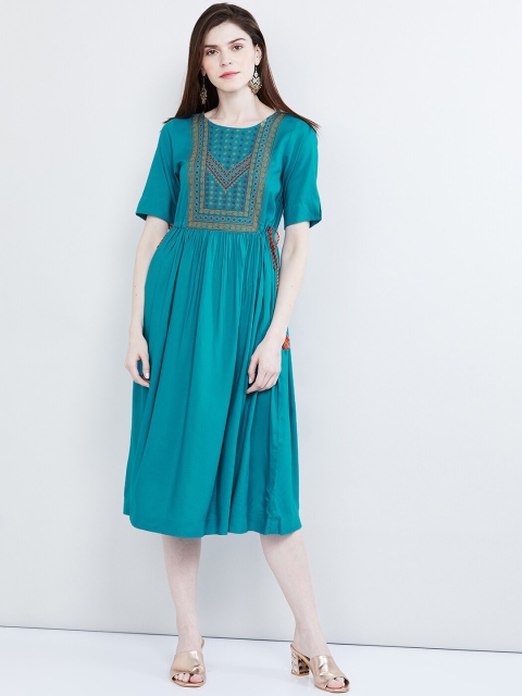 

max Women Turquoise Blue Embroidered A-Line Dress