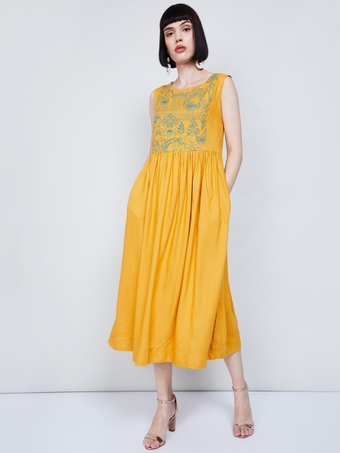 

max Women Yellow Embroidered Fit and Flare Dress
