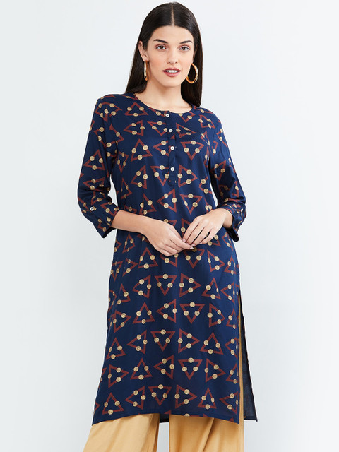 

max Women Navy Blue & Brown Printed Straight Kurta