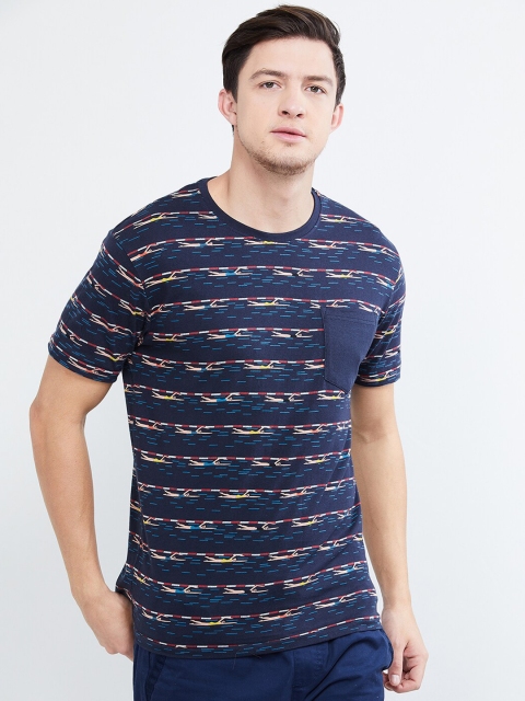 

max Men Navy Blue Printed Round Neck T-shirt