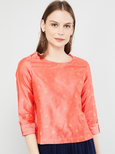

max Women Coral Orange & Gold-Coloured Printed Crop Top