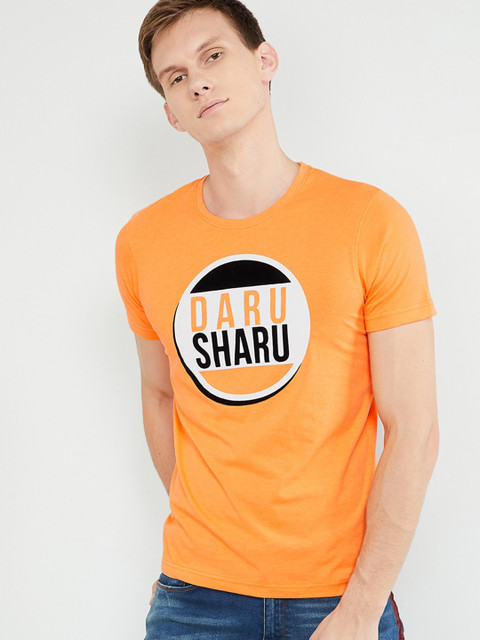 

max Men Orange Printed Round Neck T-shirt