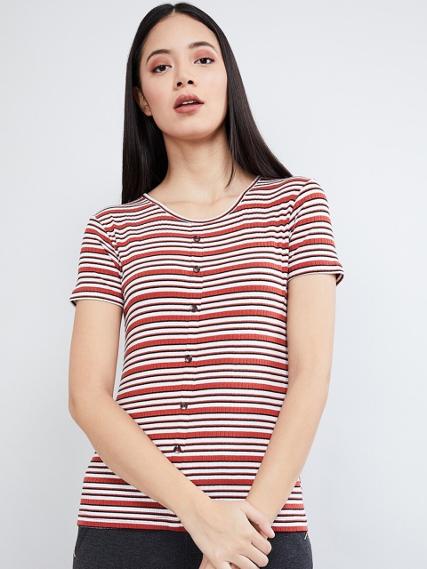 

max Women Red & White Striped Round Neck T-shirt