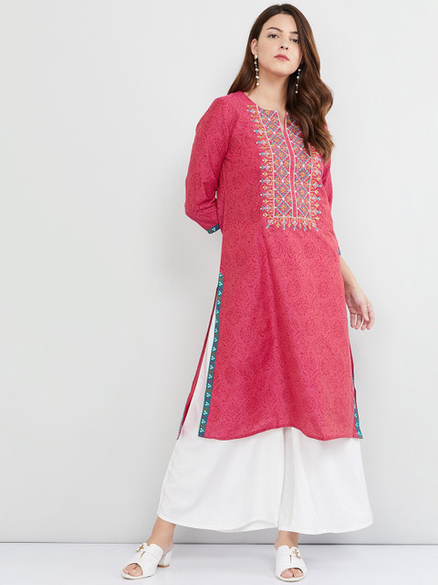 

max Women Pink & Blue Embroidered Straight Kurta