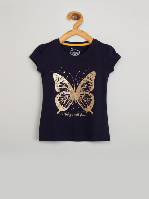 

max Girls Navy Blue Printed Round Neck T-shirt