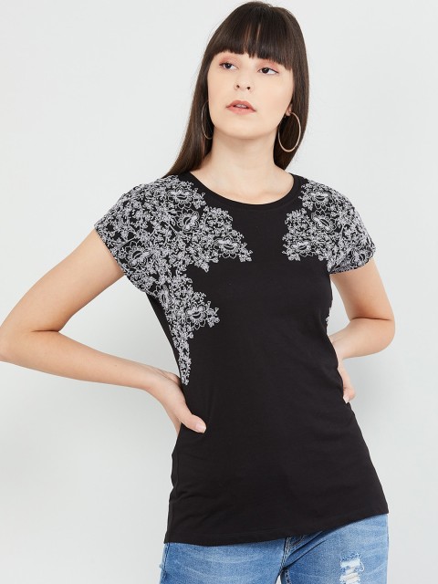 

max Women Black Printed Round Neck T-shirt