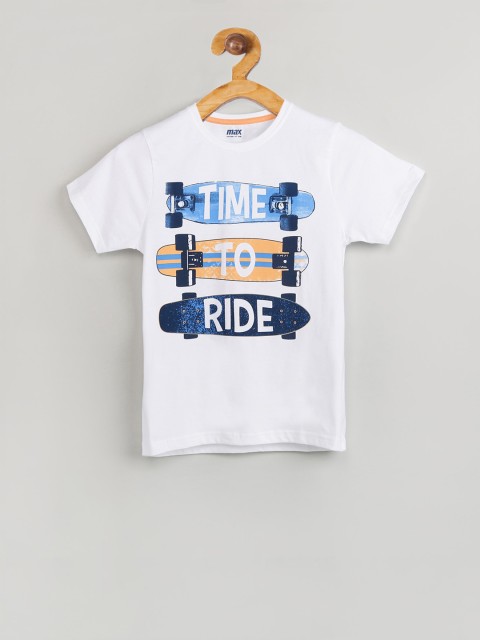 

max Boys White & Blue Printed Round Neck T-shirt