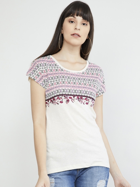 max Women White Printed Round Neck T-shirt