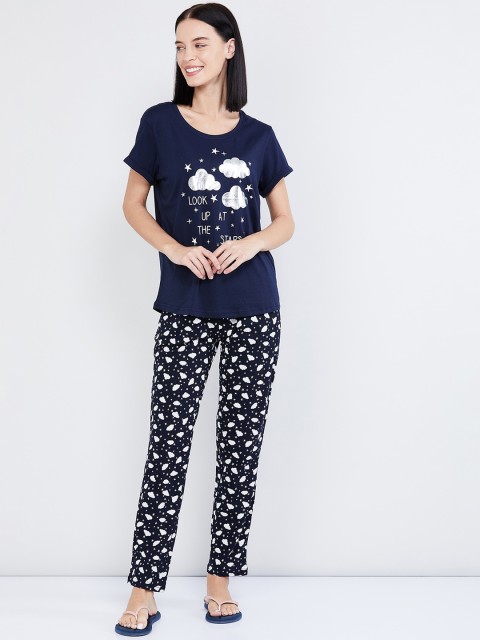 

max Women Navy Blue Printed Night suit