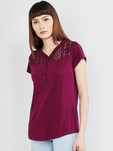 

max Women Burgundy Solid Lace Pure Cotton Top