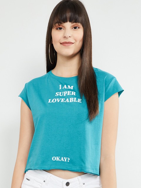 

max Women Turquoise Blue & White Printed Crop T-shirt