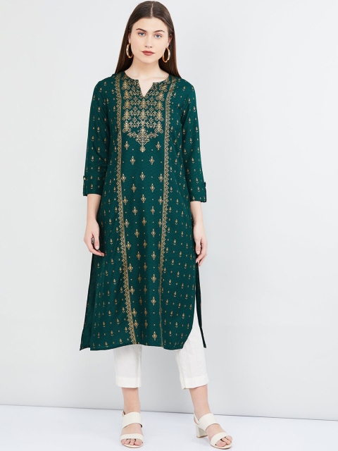

max Women Green & Beige Printed Straight Kurta