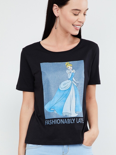 

max Women Black & Blue Printed Round Neck T-shirt