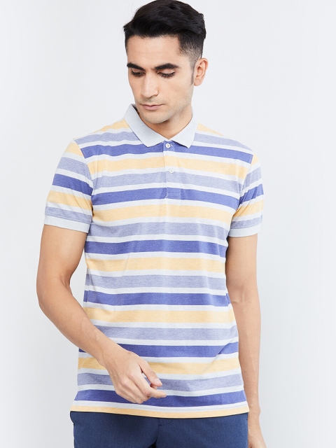 max Men Blue & White Striped Polo Collar T-shirt