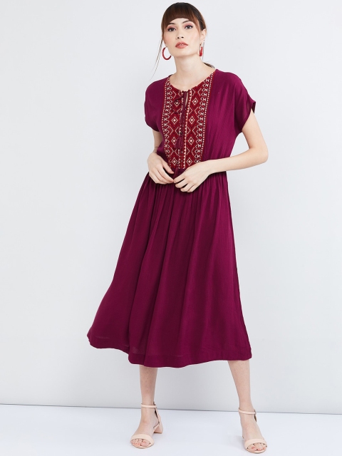 

max Women Maroon Embroidered A-Line Dress