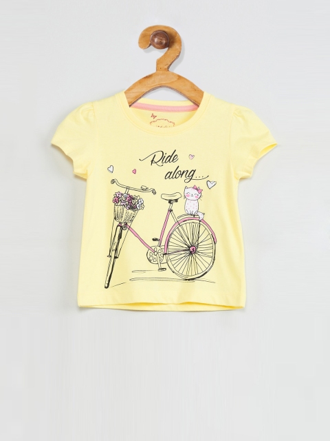 max Girls Yellow Printed Round Neck T-shirt